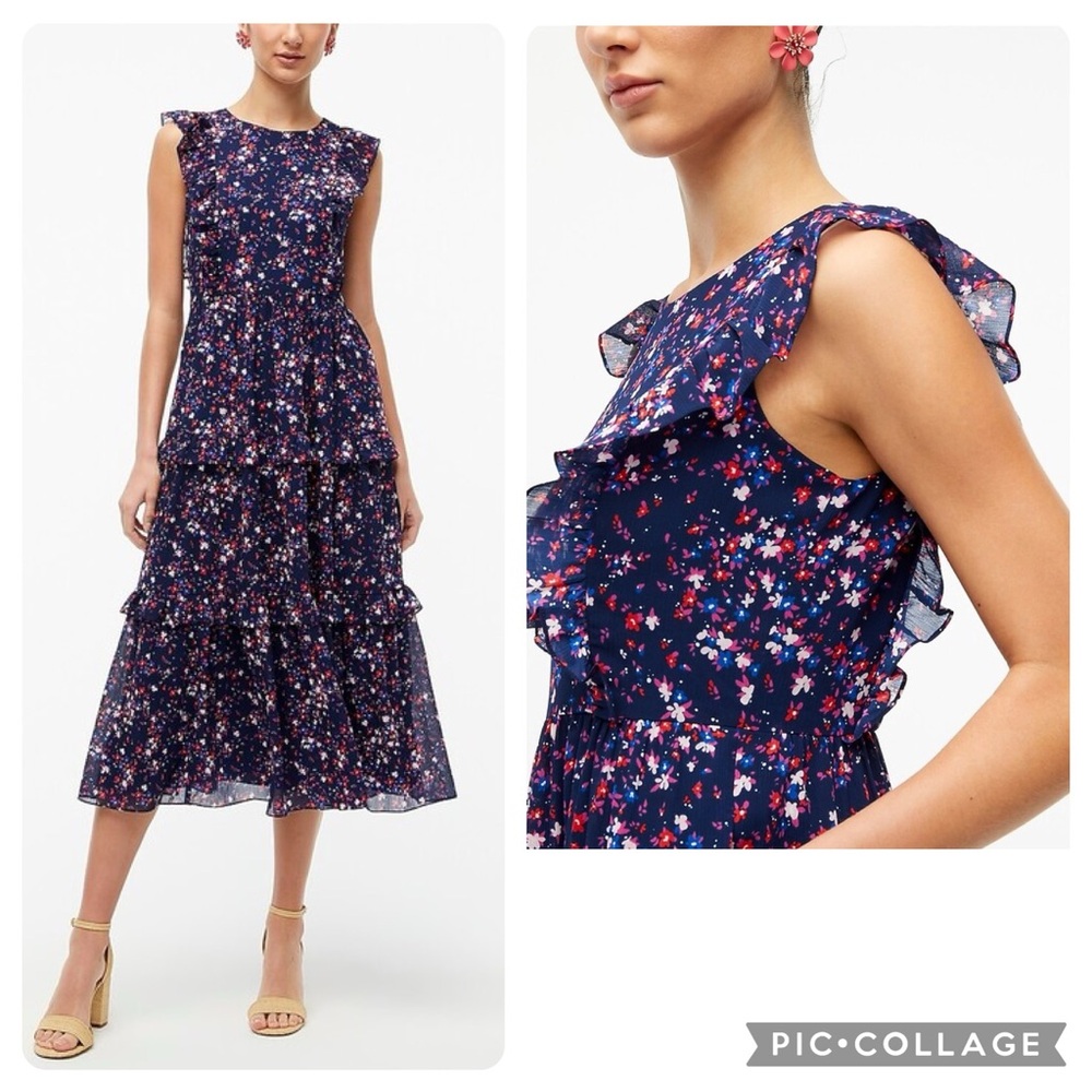 J. Crew Sleeveless Blue Floral Ruffle Tiered Midi Dress